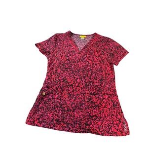 WonderWink Women’s Scrub Top Red Black Print Short Sleeves Size XS Style 6217